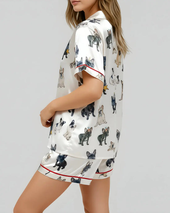 French Bulldog Print Satin Pajama Set OMFORT