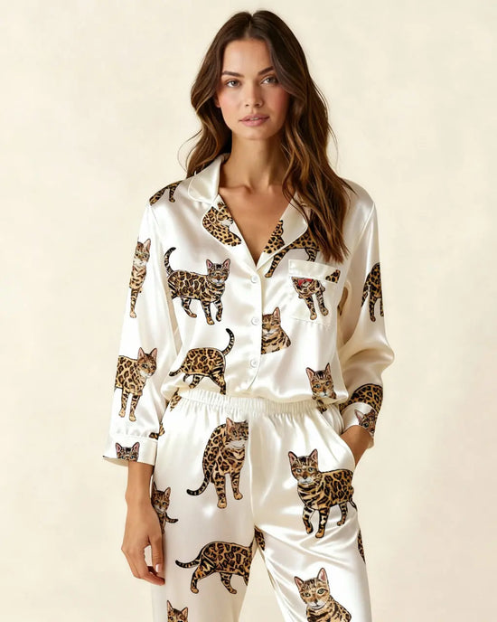 Bengal Cat Pattern Satin Pajama Set OMFORT