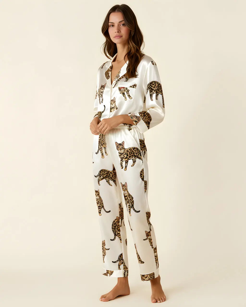 Bengal Cat Pattern Satin Pajama Set OMFORT