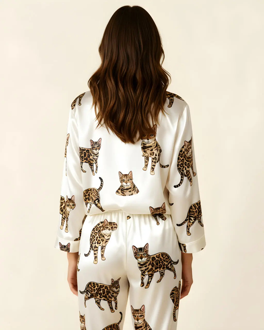 Bengal Cat Pattern Satin Pajama Set OMFORT