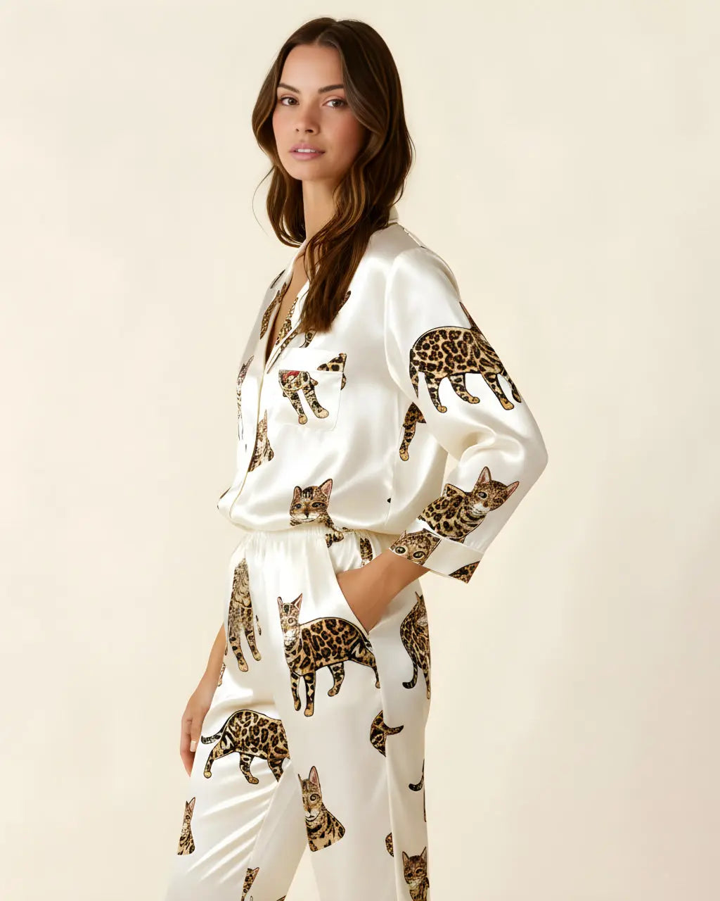 Bengal Cat Pattern Satin Pajama Set OMFORT