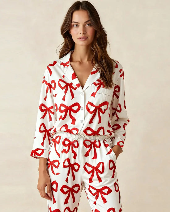 Bow Print Button Front Satin Pajama Set OMFORT