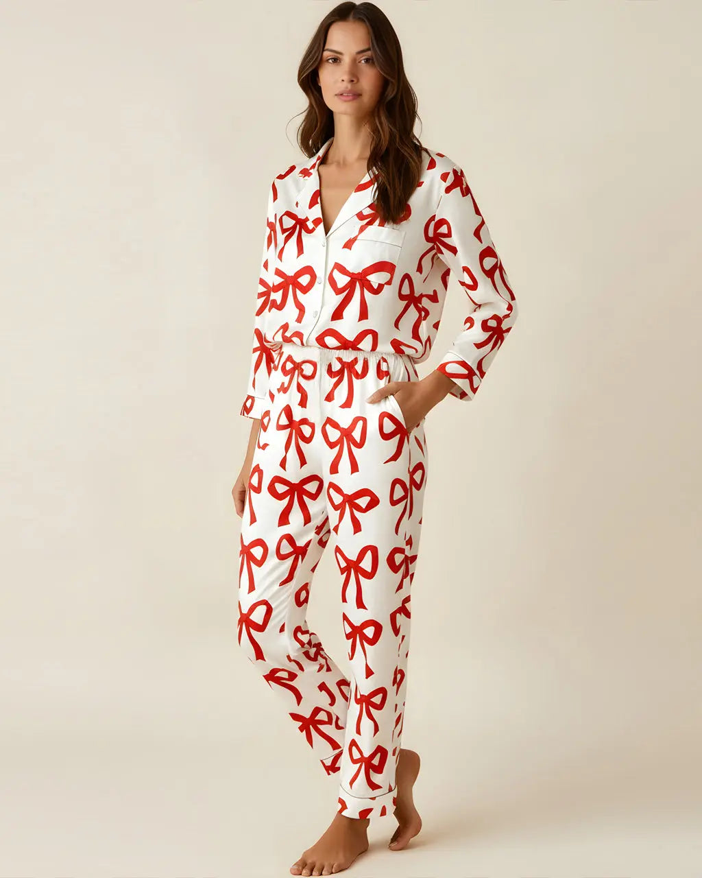 Bow Print Button Front Satin Pajama Set OMFORT