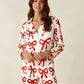 Bow Print Button Front Satin Pajama Set OMFORT