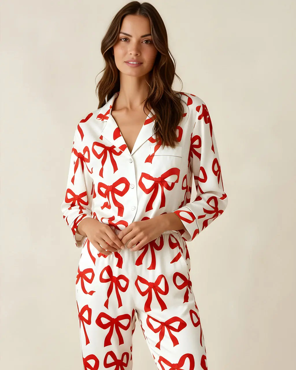 Bow Print Button Front Satin Pajama Set OMFORT