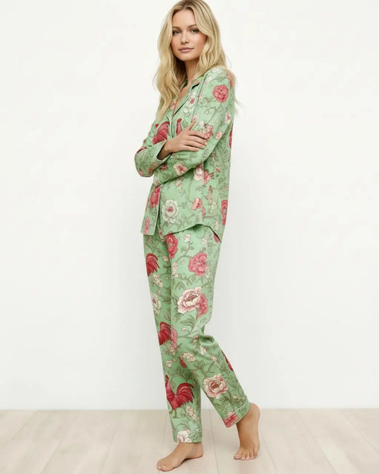Vintage Rooster Floral Print Pajama Set OMFORT