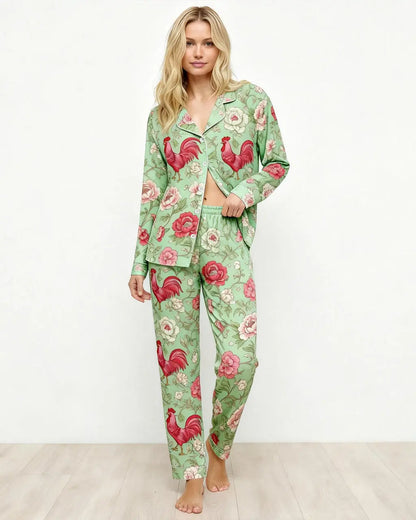 Vintage Rooster Floral Print Pajama Set OMFORT