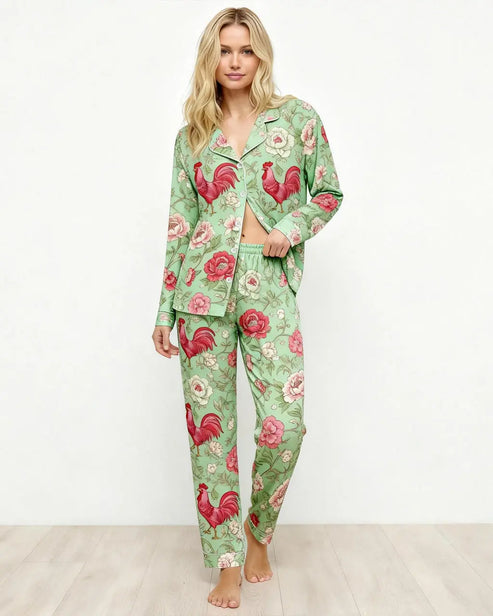 Vintage Rooster Floral Print Pajama Set OMFORT
