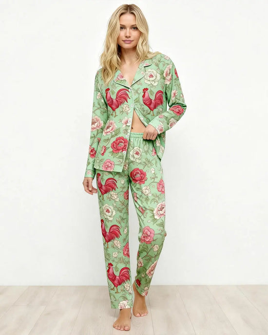 Vintage Rooster Floral Print Pajama Set OMFORT