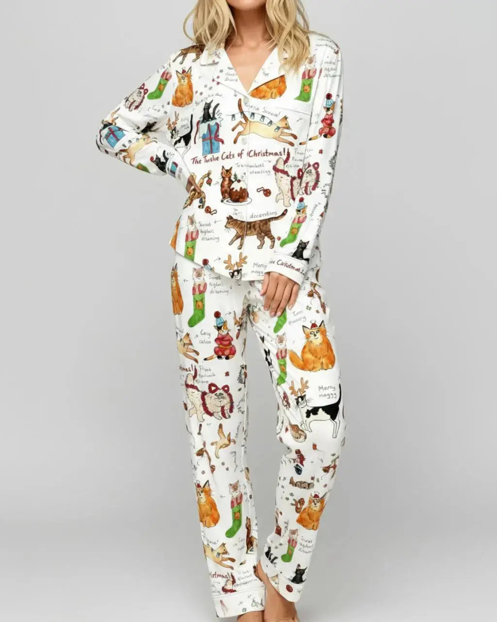 Christmas Cats Print Pajama Set OMFORT