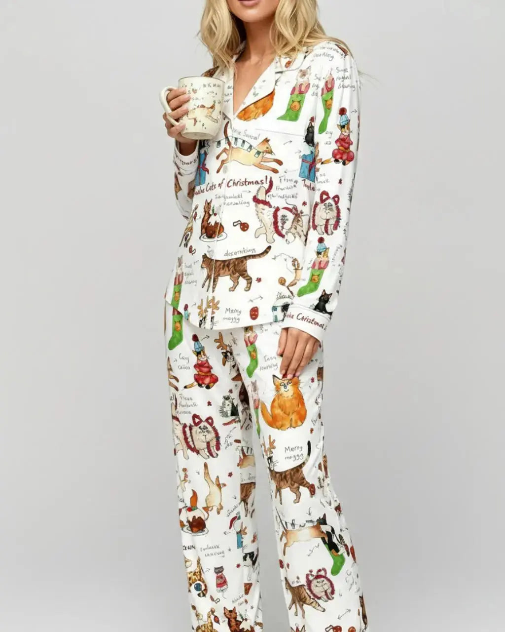 Christmas Cats Print Pajama Set OMFORT