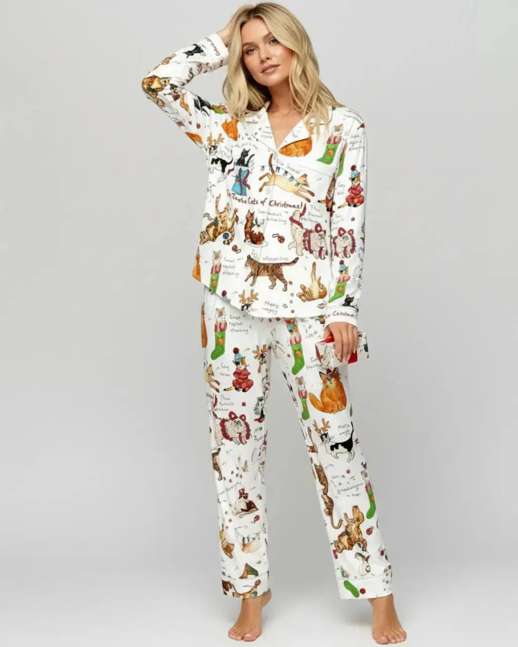 Christmas Cats Print Pajama Set OMFORT