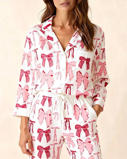 Valentine's Day Bow Satin Pajama Set OMFORT