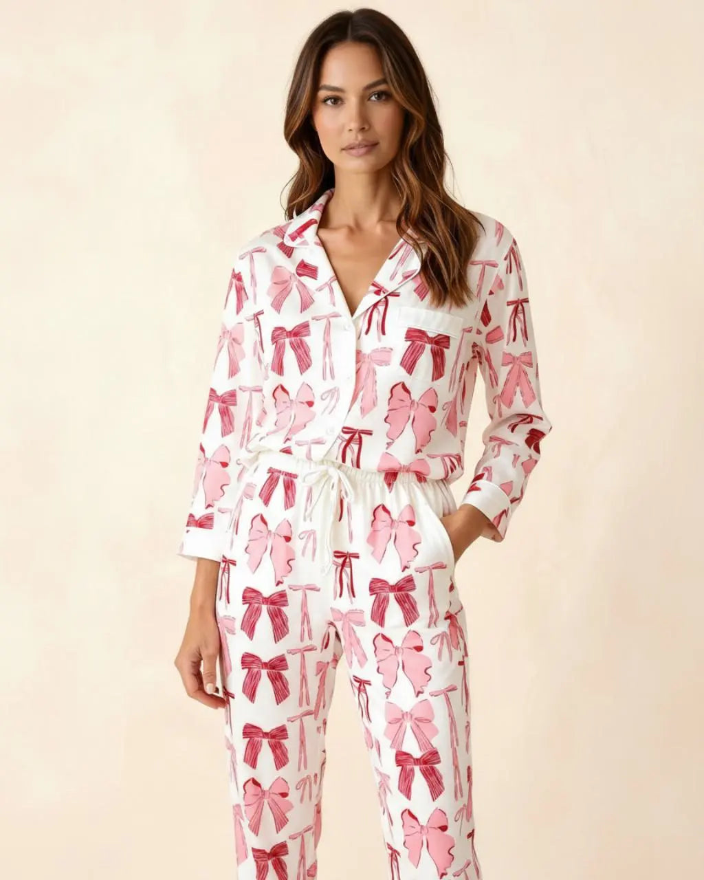 Valentine's Day Bow Satin Pajama Set OMFORT