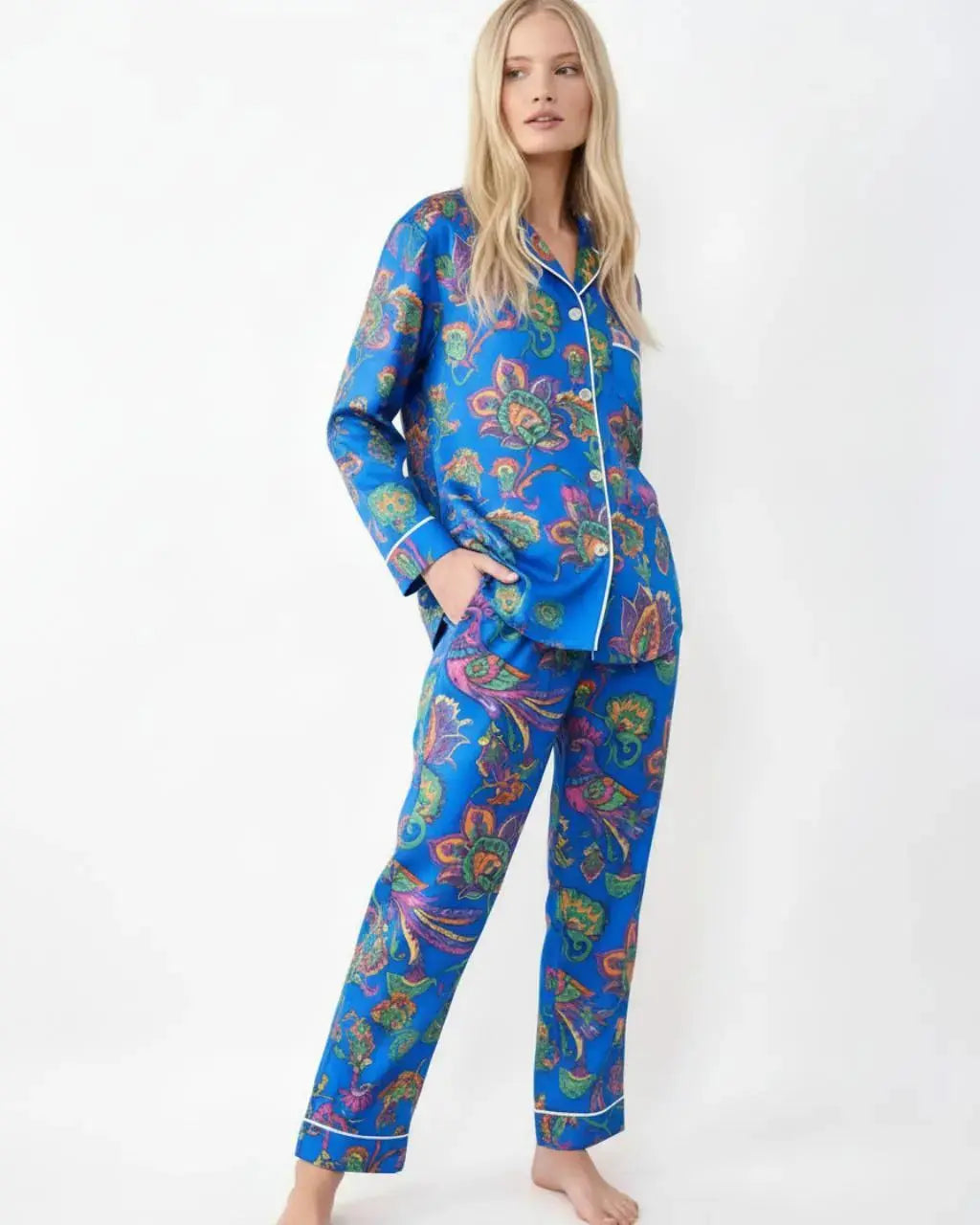 Vintage Peacock Floral Satin Pajama Set OMFORT