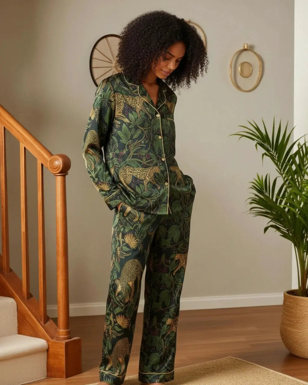 Retro Leopard Jungle Plant Pajama Set OMFORT