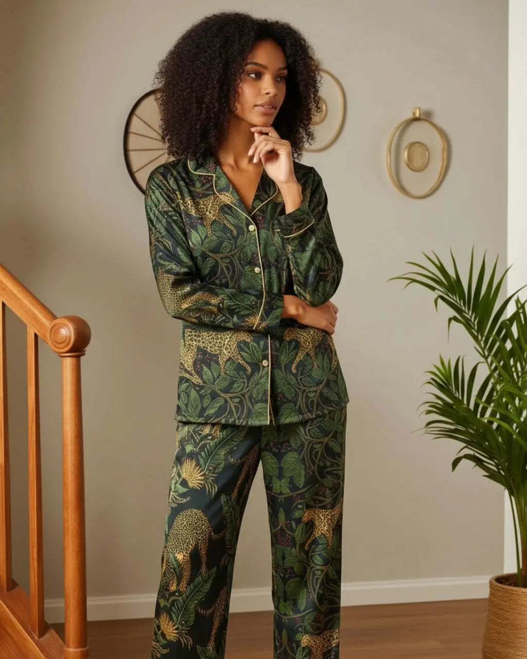Retro Leopard Jungle Plant Pajama Set OMFORT