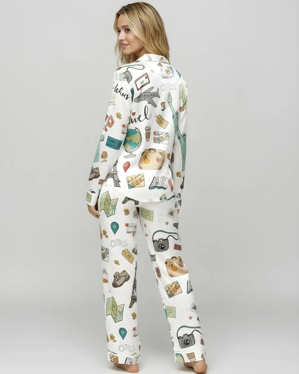 Travel Theme Print Satin Pajama Set OMFORT