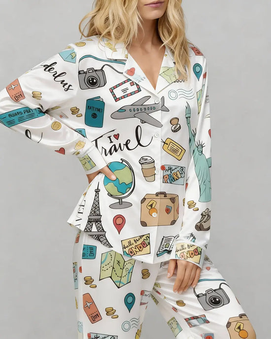Travel Theme Print Satin Pajama Set OMFORT