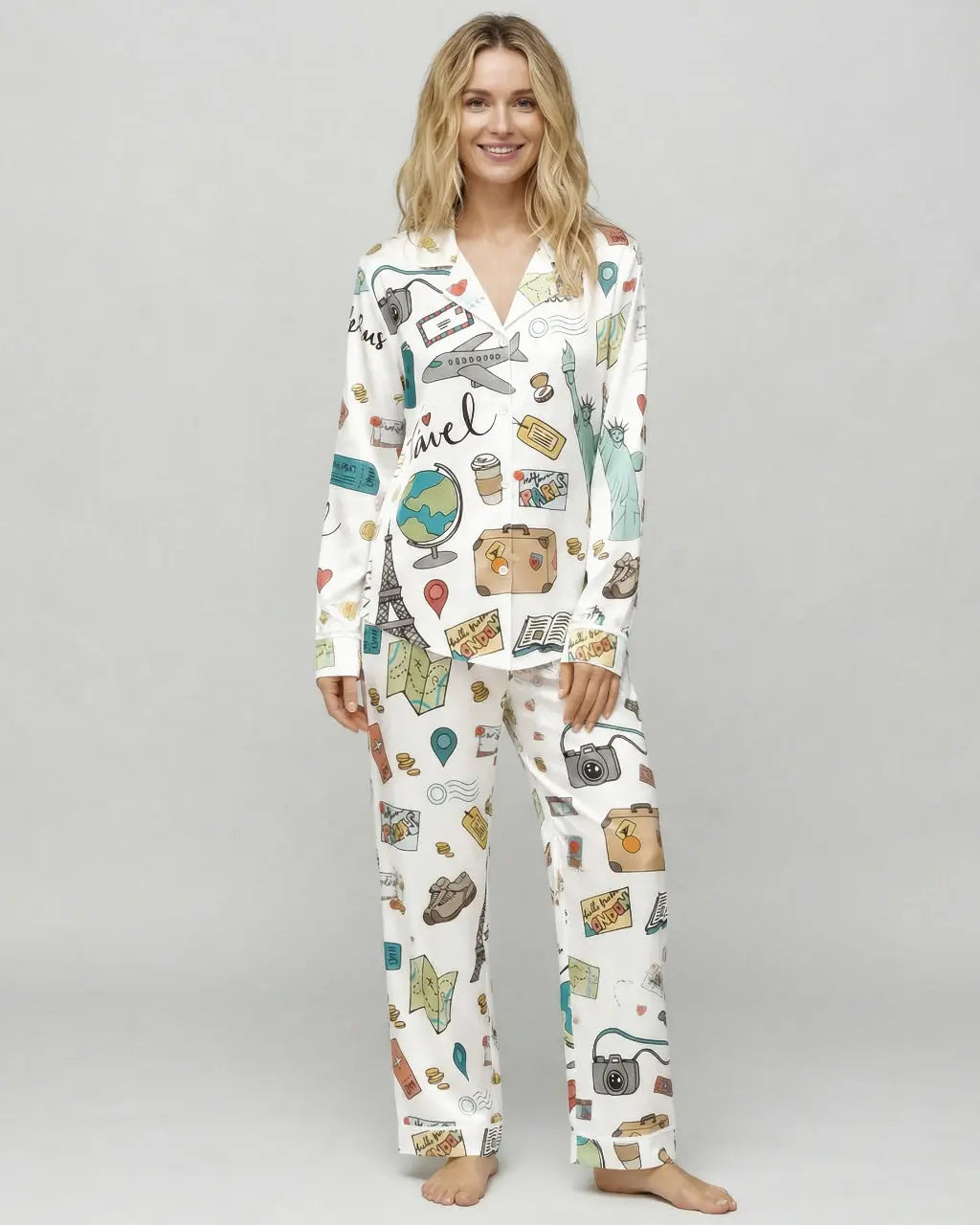 Travel Theme Print Satin Pajama Set OMFORT