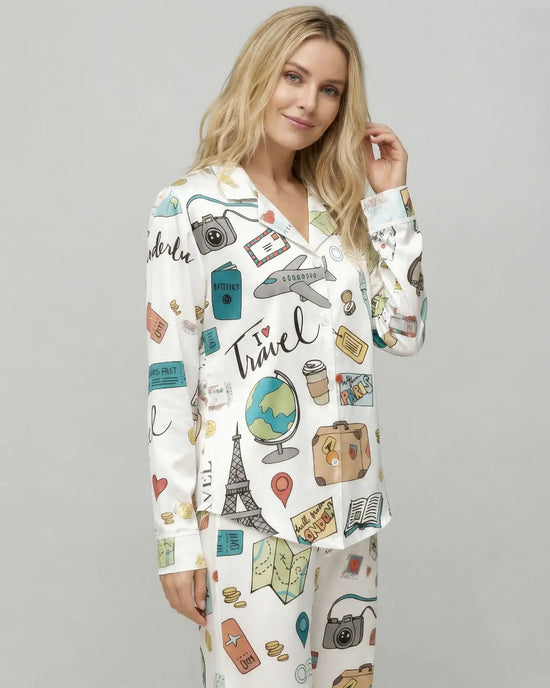 Travel Theme Print Satin Pajama Set OMFORT