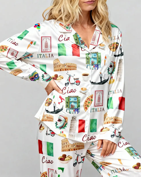 Italy Roma Travel Satin Pajama Set OMFORT