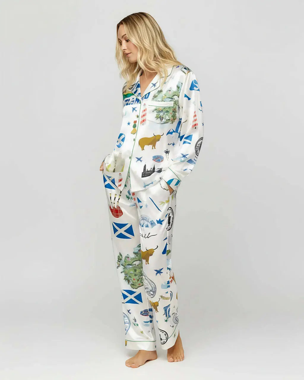 Scottish Travel Print Satin Pajama Set OMFORT