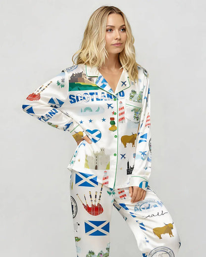 Scottish Travel Print Satin Pajama Set OMFORT