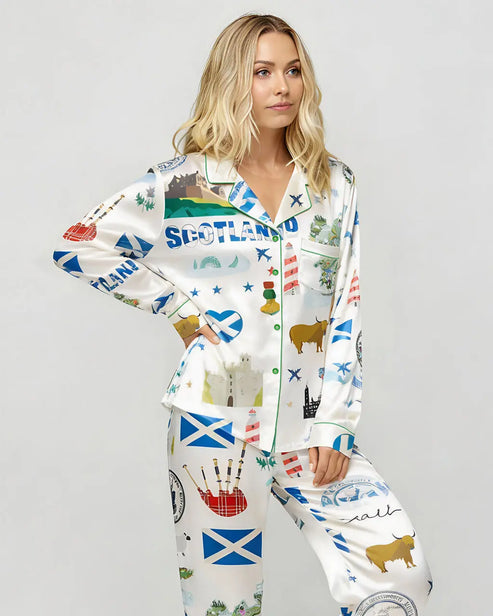 Scottish Travel Print Satin Pajama Set OMFORT