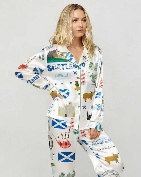 Scottish Travel Print Satin Pajama Set OMFORT