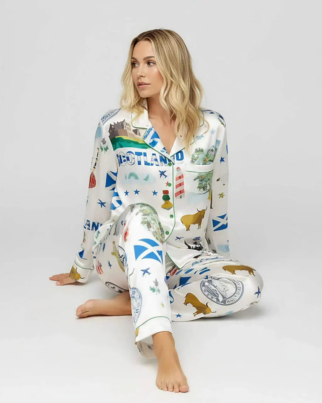 Scottish Travel Print Satin Pajama Set OMFORT