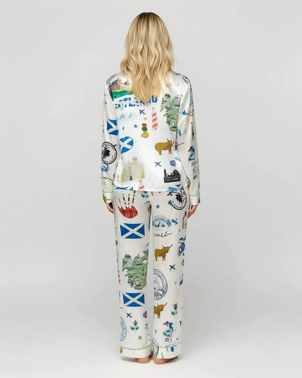 Scottish Travel Print Satin Pajama Set OMFORT