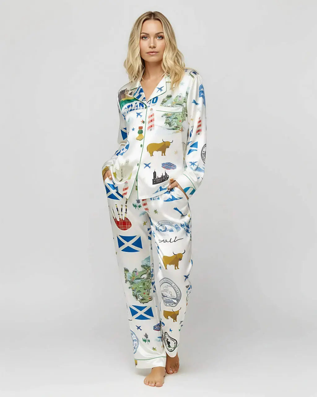 Scottish Travel Print Satin Pajama Set OMFORT