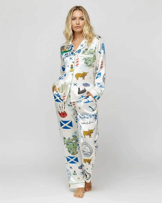 Scottish Travel Print Satin Pajama Set OMFORT