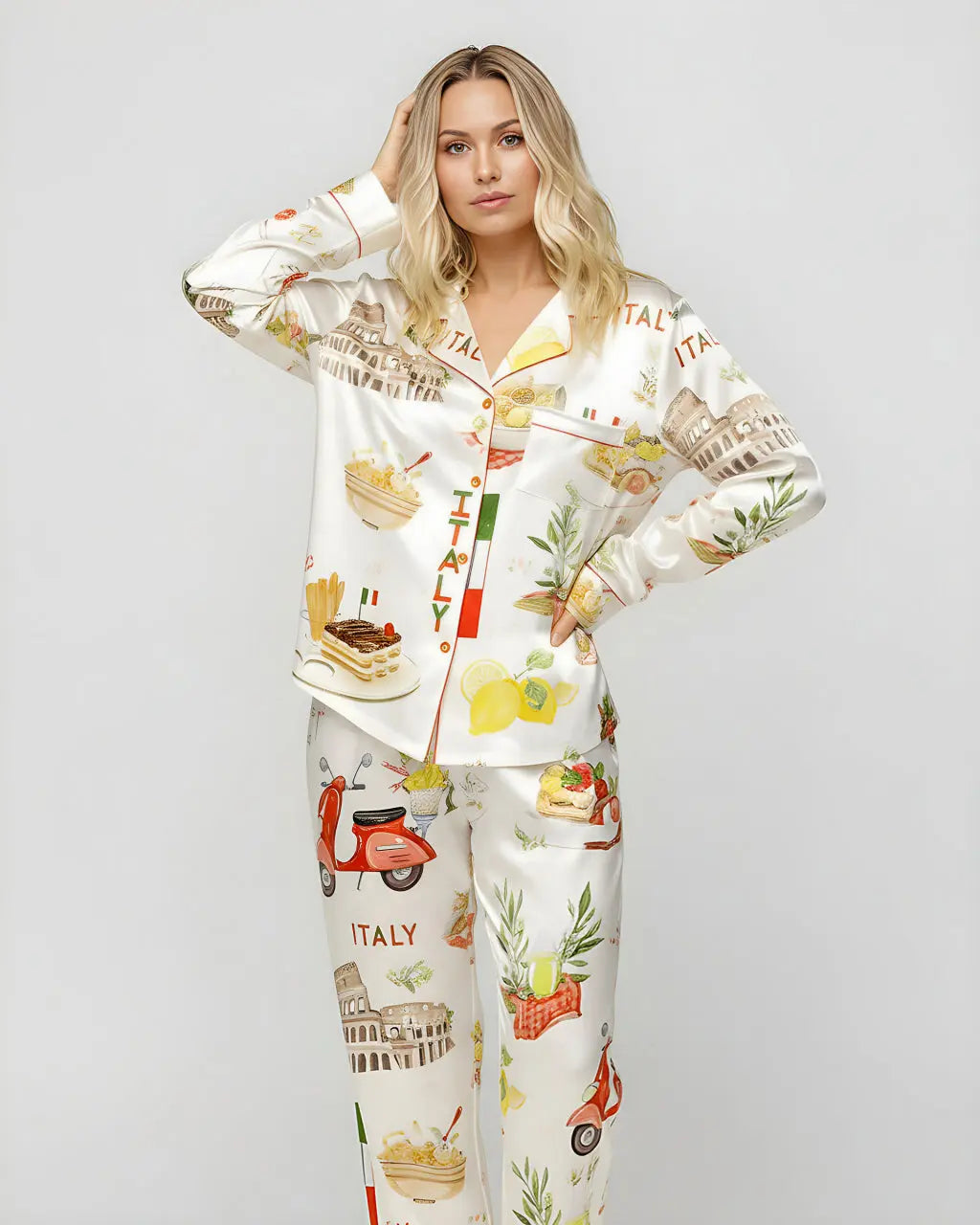 Italian Vacation Print Satin Pajama Set OMFORT