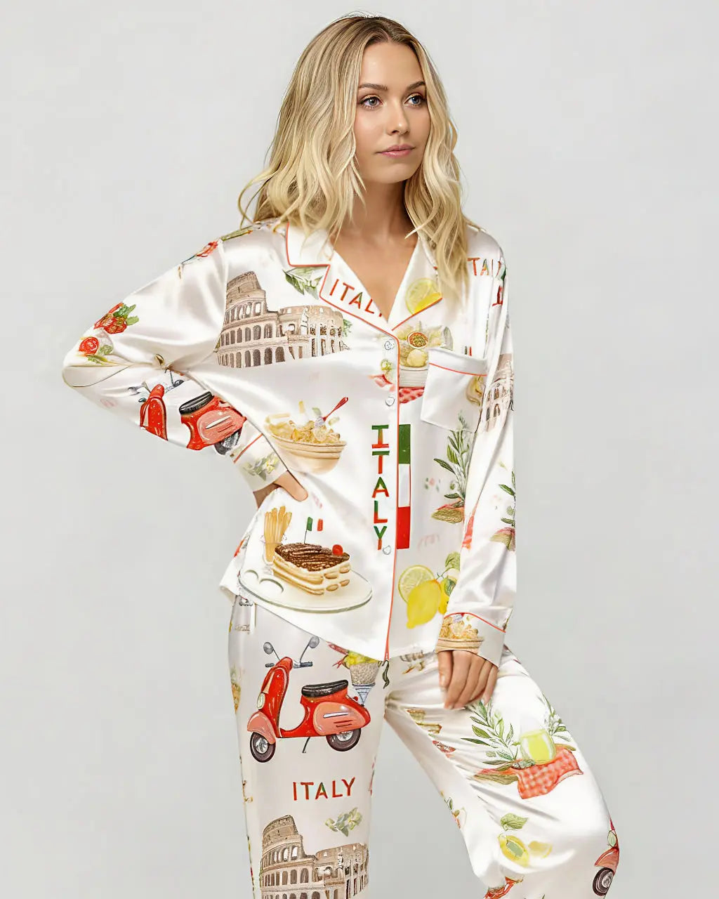 Italian Vacation Print Satin Pajama Set OMFORT