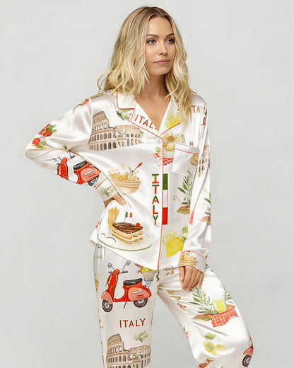 Italian Vacation Print Satin Pajama Set OMFORT