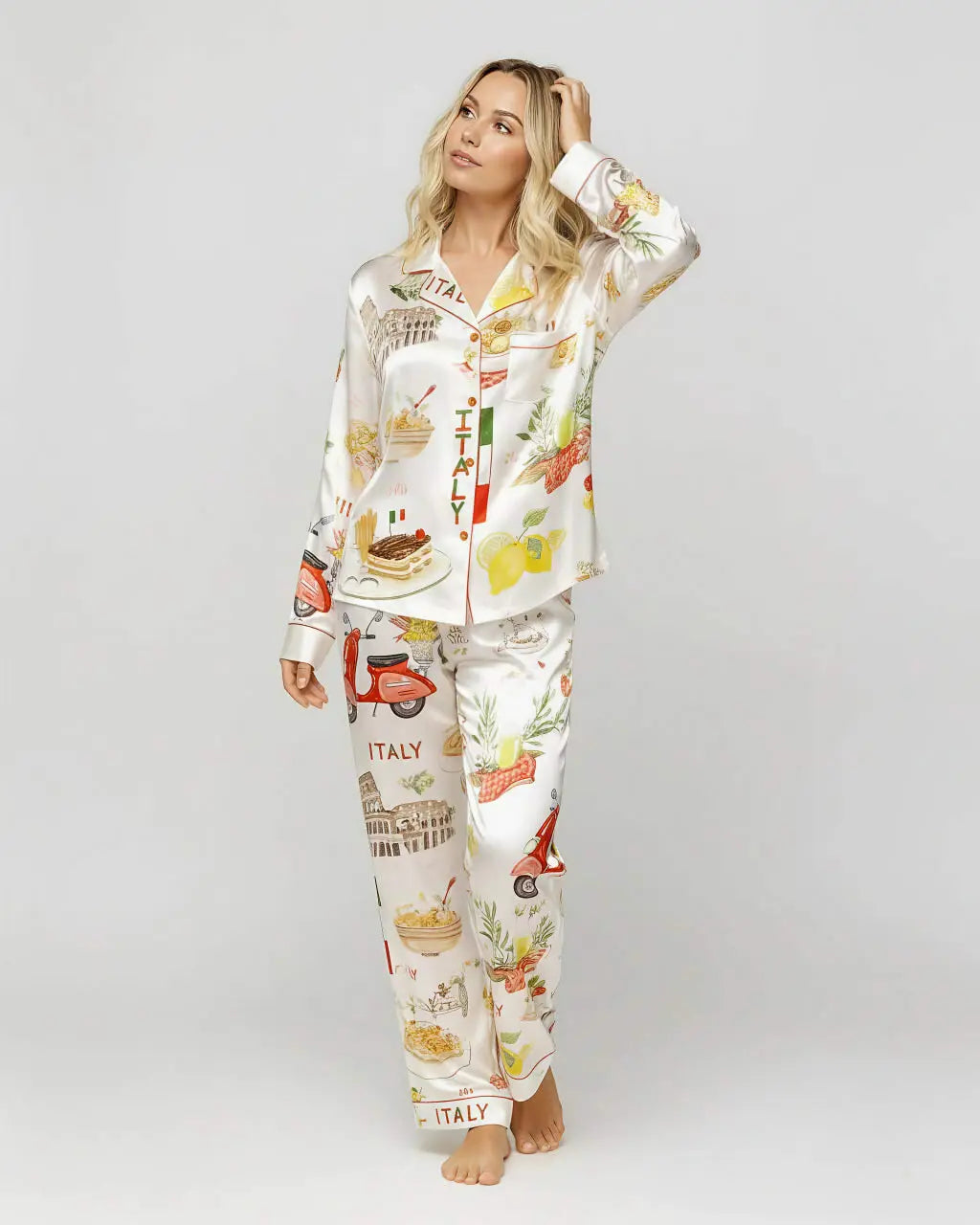 Italian Vacation Print Satin Pajama Set OMFORT