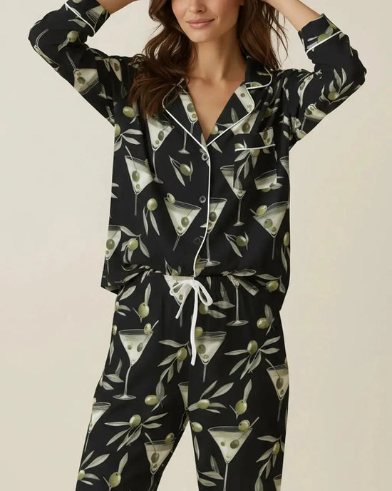 Black Martini Print Pajama Set OMFORT