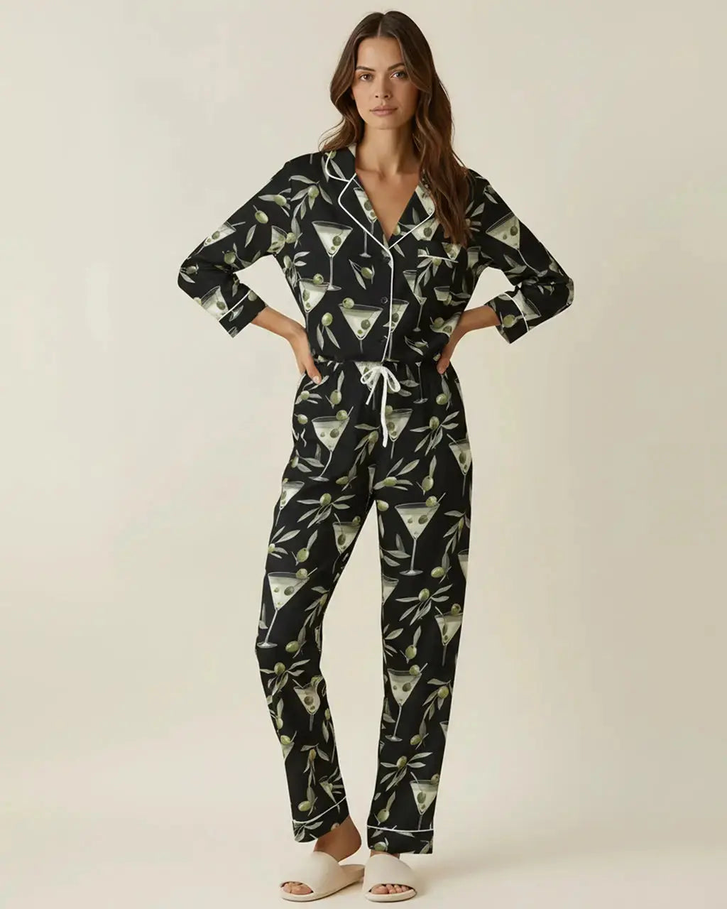 Black Martini Print Pajama Set OMFORT