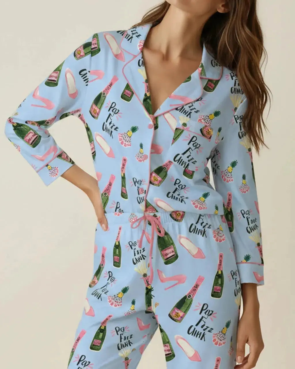 Champagne High Heels Pattern Pajama Set OMFORT