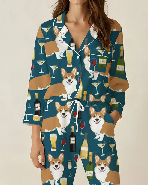 Corgis And Wine Pattern Pajama Set OMFORT