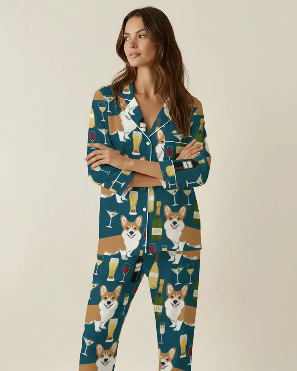 Corgis And Wine Pattern Pajama Set OMFORT