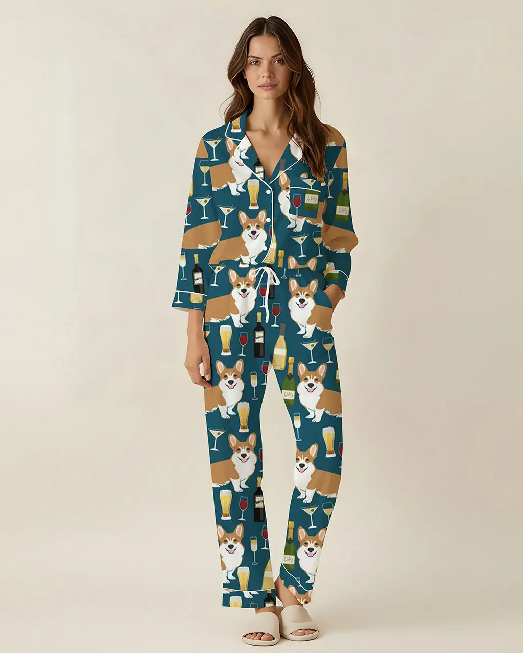 Corgis And Wine Pattern Pajama Set OMFORT