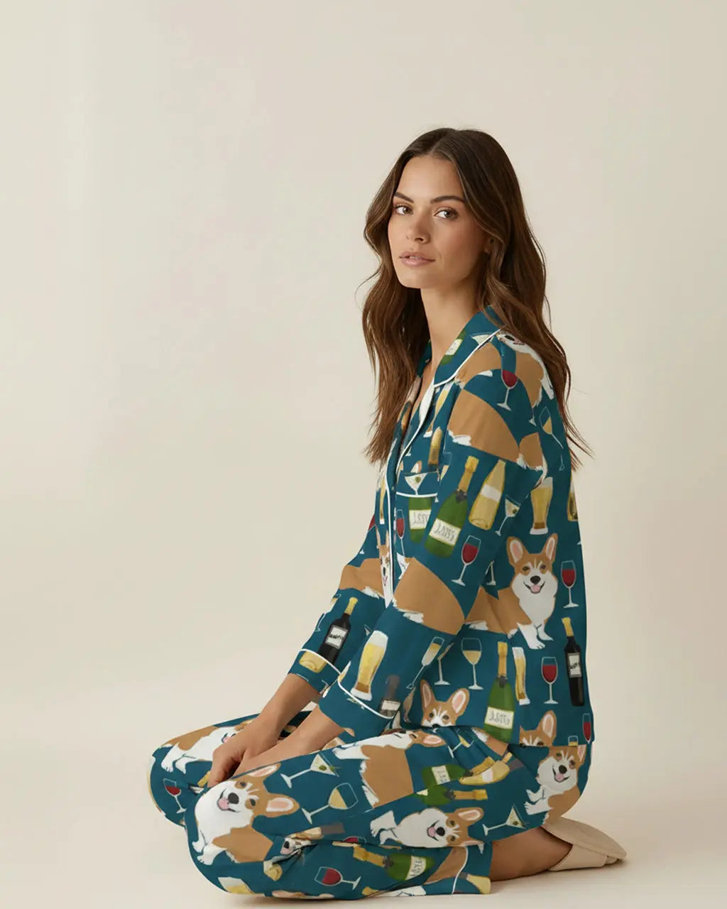 Corgis And Wine Pattern Pajama Set OMFORT