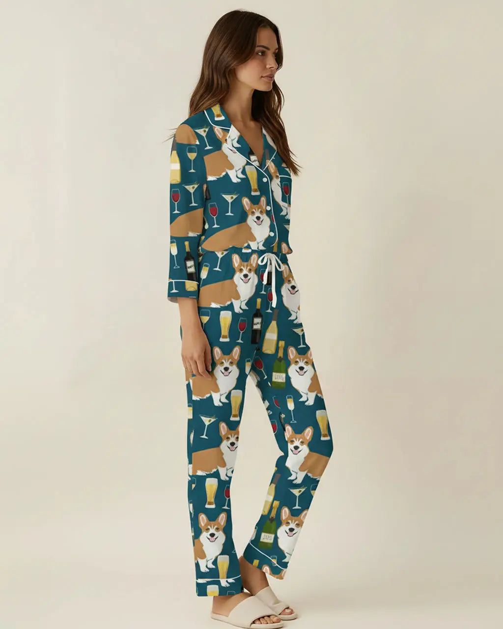Corgis And Wine Pattern Pajama Set OMFORT