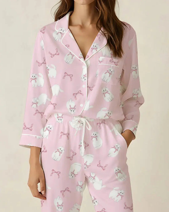Bow-Tie Cat Print Pajama Set OMFORT