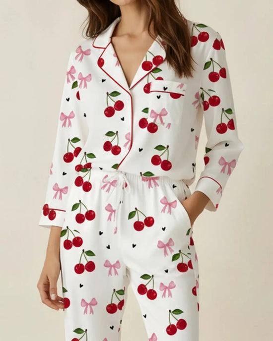 Cozy Cherry Pattern Pajama Set OMFORT