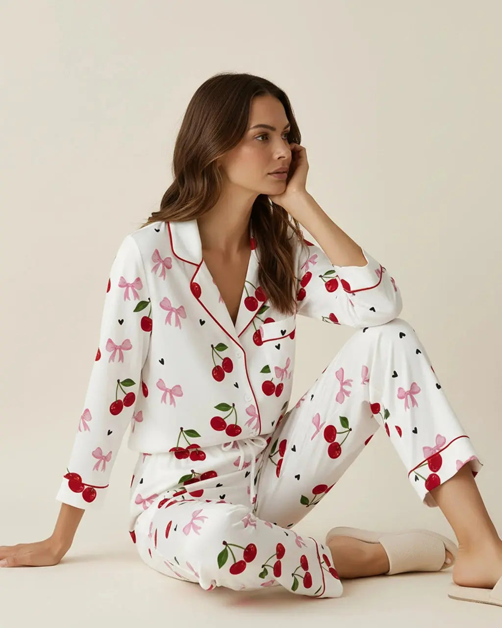 Cozy Cherry Pattern Pajama Set OMFORT