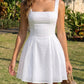 SOLACE Dress White Eyelet Embroidery Square Neck Fit Flare Vacation Mini Dress?